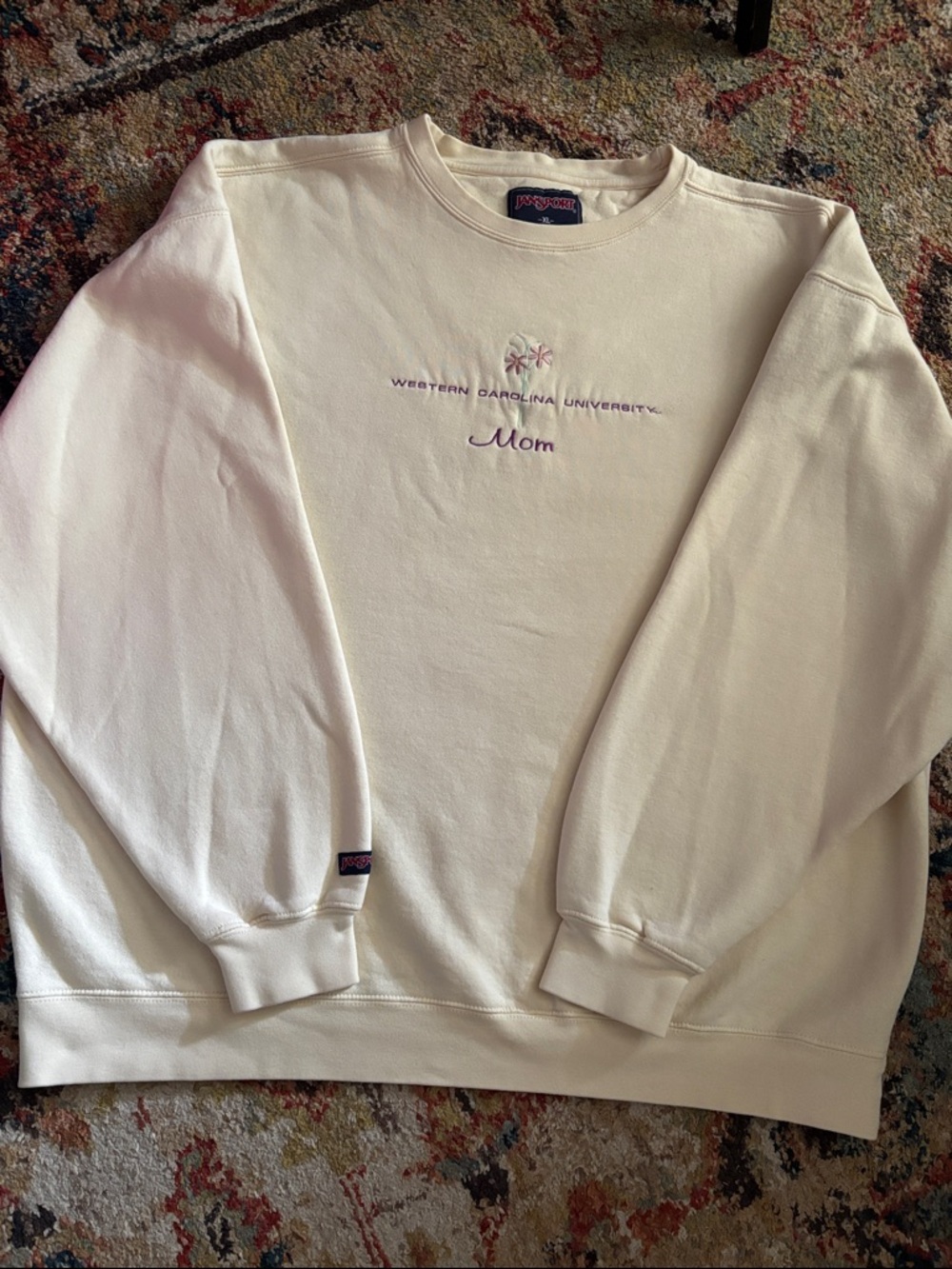 Jansport Cream Crewneck Sweatshirt with Embroidered ‘WCU Mom’ Logo